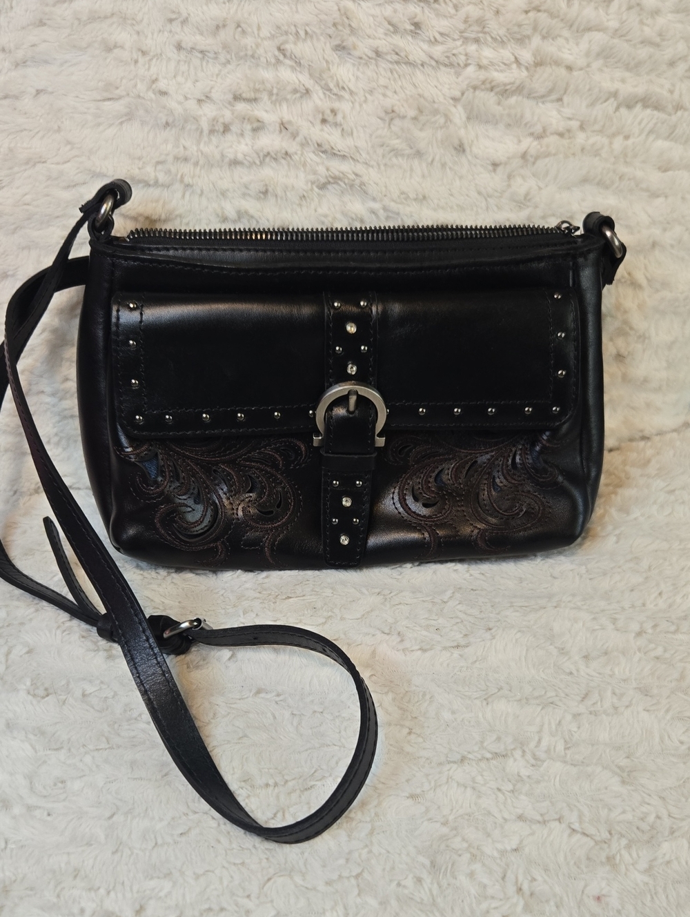 Patricia Nash Black Embossed Leather Crossbody with Stud & Buckle EUC